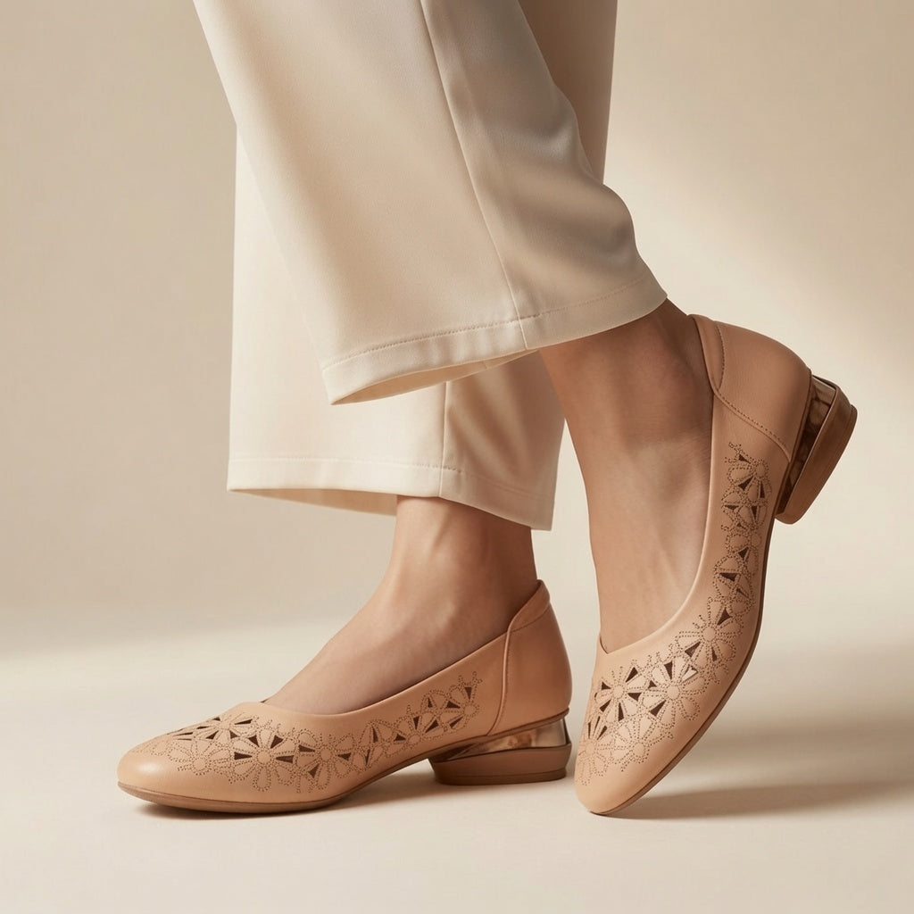 Genuine Leather Floral Cutout Low Heel Flats for Women – 2.5cm Comfort Slip-On Shoes