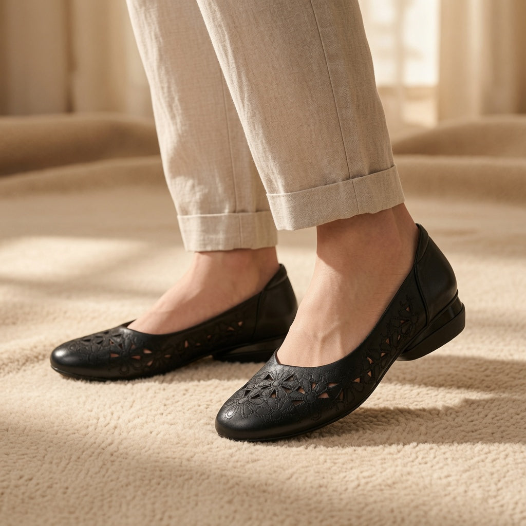 Genuine Leather Floral Cutout Low Heel Flats for Women – 2.5cm Comfort Slip-On Shoes