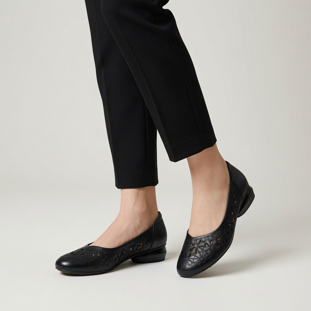Genuine Leather Floral Cutout Low Heel Flats for Women – 2.5cm Comfort Slip-On Shoes