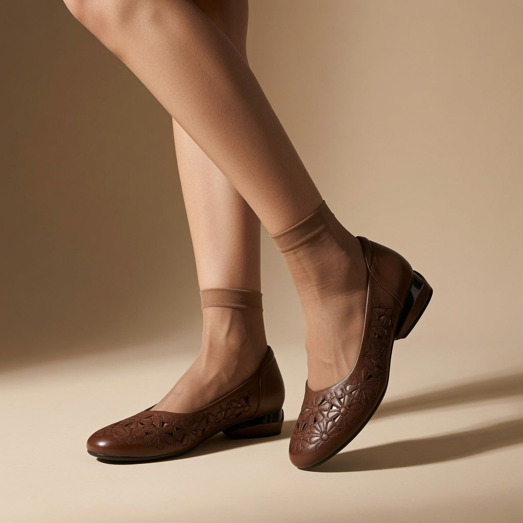 Genuine Leather Floral Cutout Low Heel Flats for Women – 2.5cm Comfort Slip-On Shoes