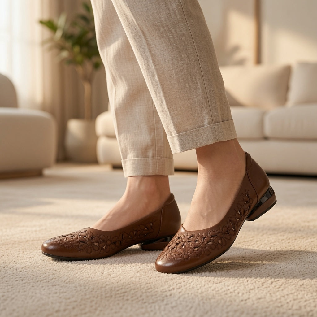 Genuine Leather Floral Cutout Low Heel Flats for Women – 2.5cm Comfort Slip-On Shoes
