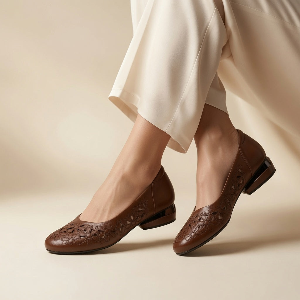 Genuine Leather Floral Cutout Low Heel Flats for Women – 2.5cm Comfort Slip-On Shoes