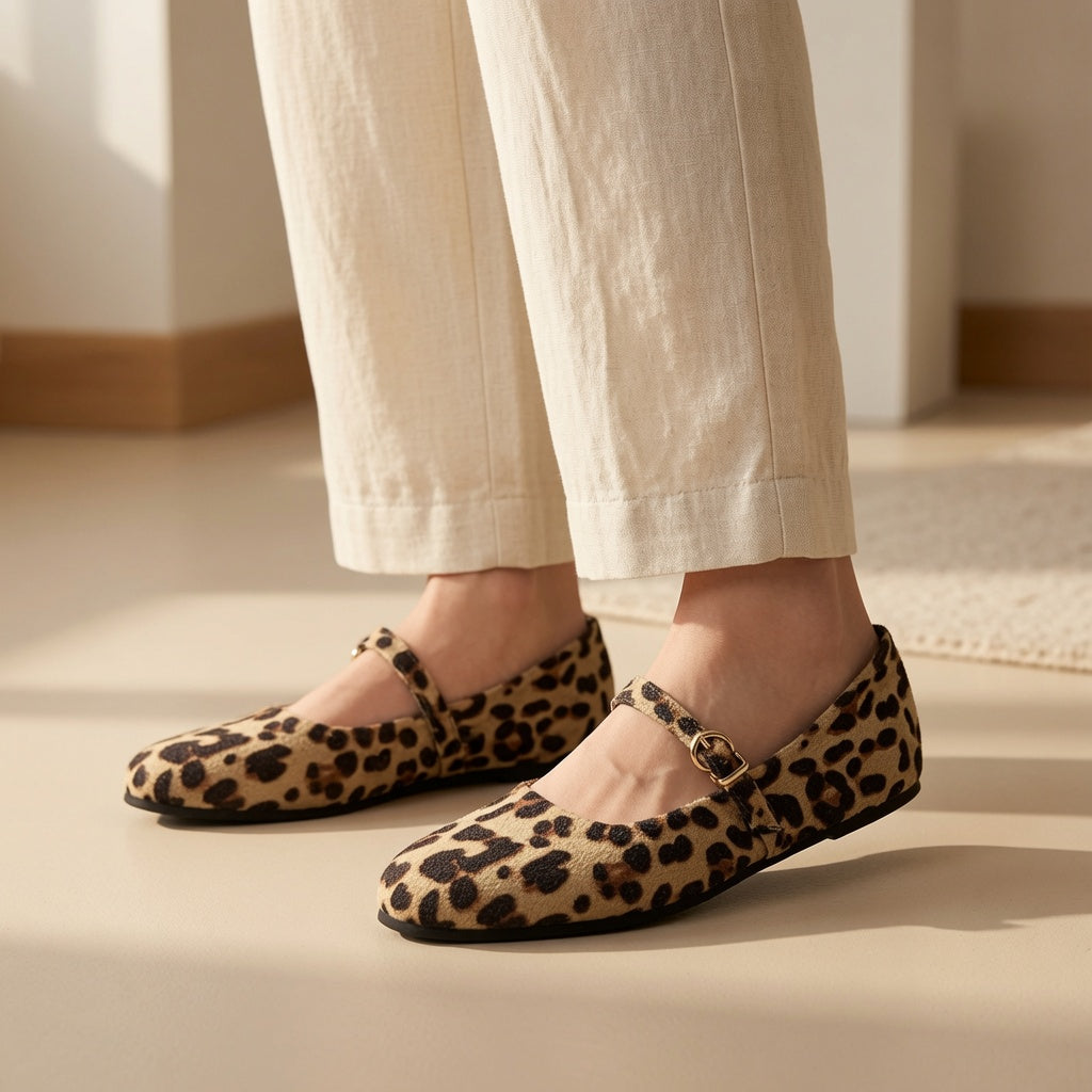 Women's Leopard-Print Mary Jane Flats with Adjustable Buckle Strap