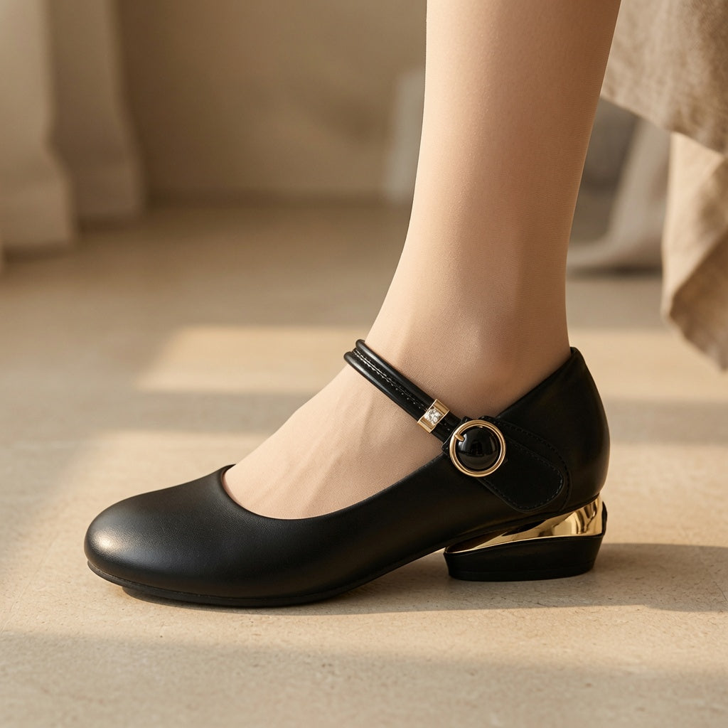 Genuine Leather Mary Jane Low Heel Pumps for Women – 2.5cm Ankle Strap Buckle Flats