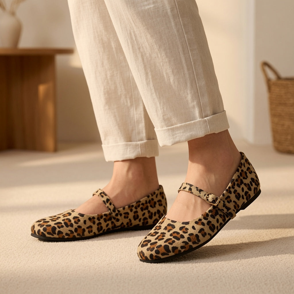 Women's Leopard-Print Mary Jane Flats with Adjustable Buckle Strap