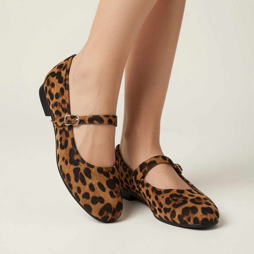 Women's Leopard-Print Mary Jane Flats with Adjustable Buckle Strap