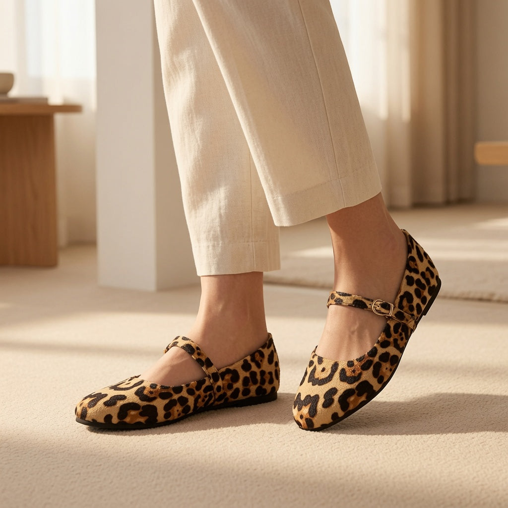 Women's Leopard-Print Mary Jane Flats with Adjustable Buckle Strap