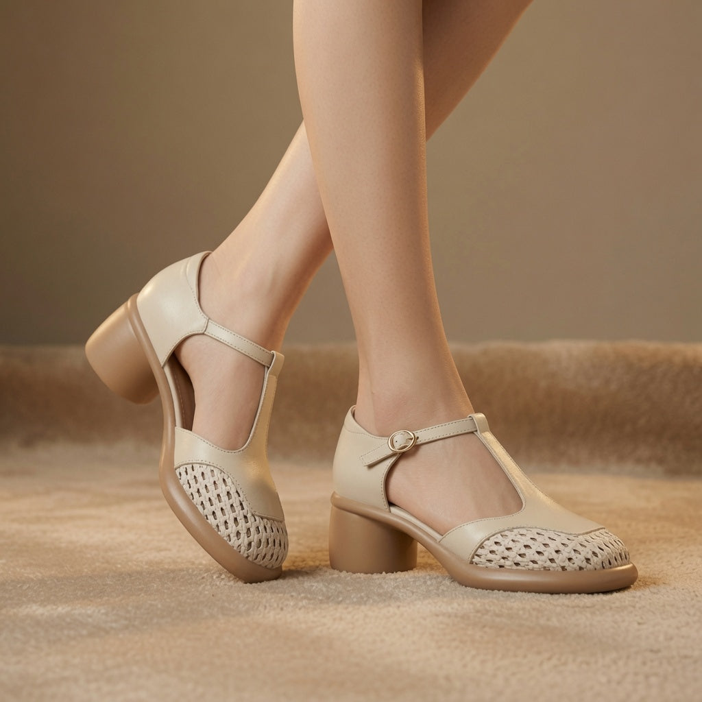 Women's Full-Grain Leather Mary Jane Pumps – Breathable Woven Toe | 5CM Block Heel Comfort Shoes