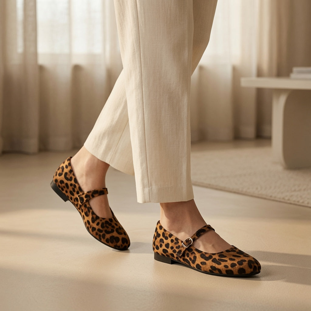 Women's Leopard-Print Mary Jane Flats with Adjustable Buckle Strap