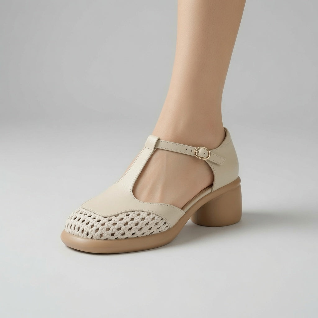 Women's Full-Grain Leather Mary Jane Pumps – Breathable Woven Toe | 5CM Block Heel Comfort Shoes