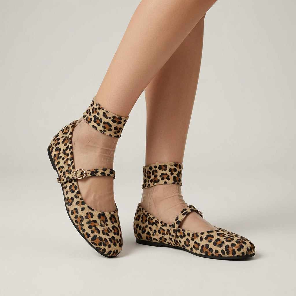 Women's Leopard-Print Mary Jane Flats with Adjustable Buckle Strap