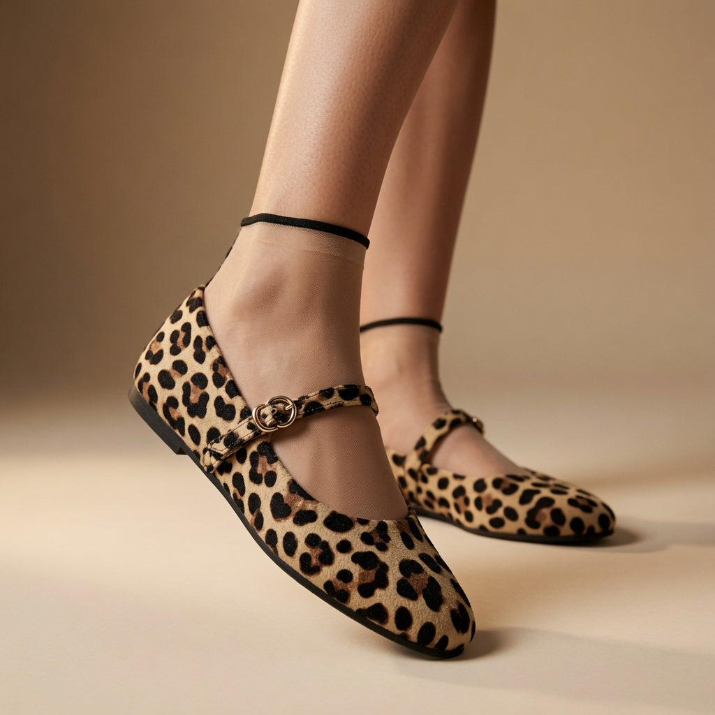 Women's Leopard-Print Mary Jane Flats with Adjustable Buckle Strap