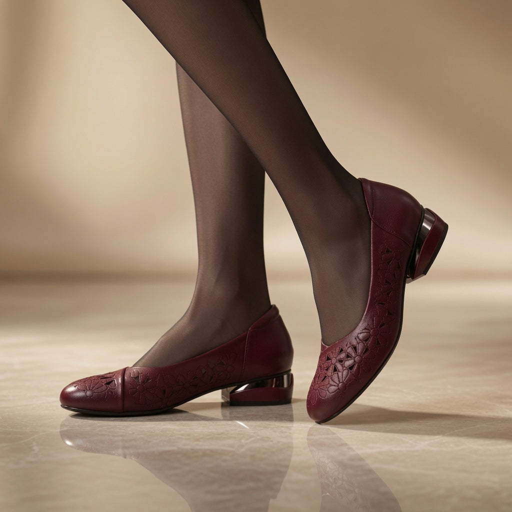 Genuine Leather Floral Cutout Low Heel Flats for Women – 2.5cm Comfort Slip-On Shoes