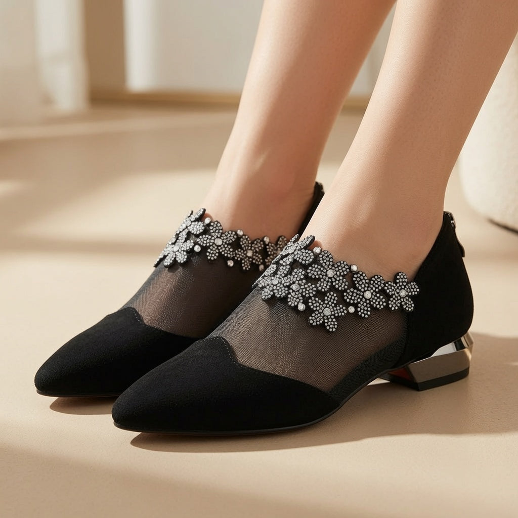Sparkling Rhinestone Mesh Pointed Toe Flats for Women – Elegant Low Heel Dress Shoes