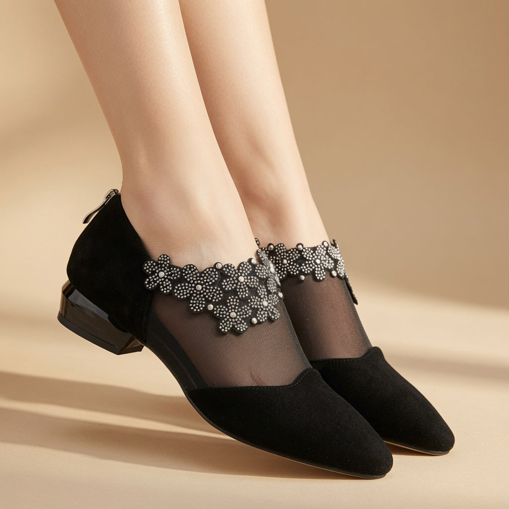 Sparkling Rhinestone Mesh Pointed Toe Flats for Women – Elegant Low Heel Dress Shoes