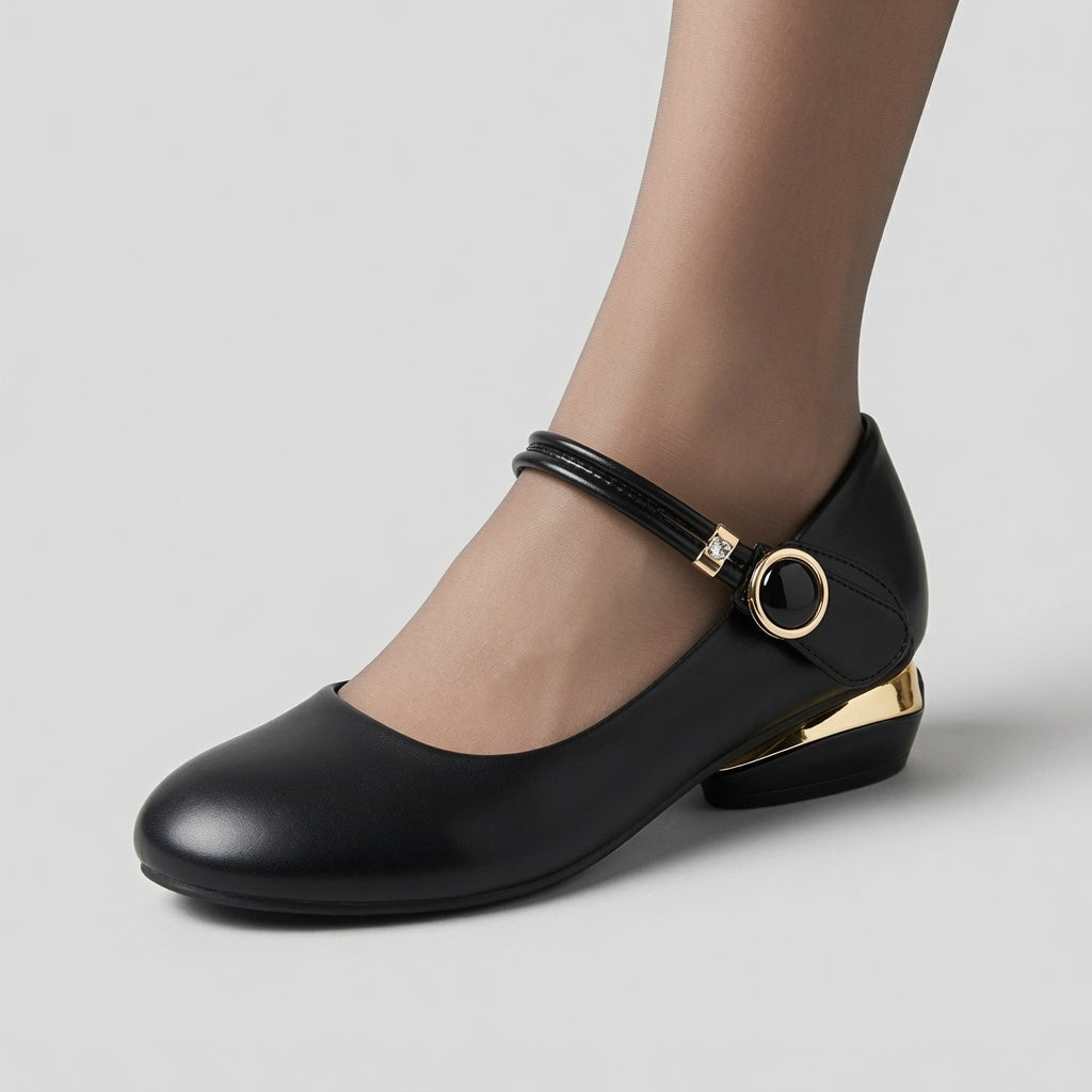 Genuine Leather Mary Jane Low Heel Pumps for Women – 2.5cm Ankle Strap Buckle Flats