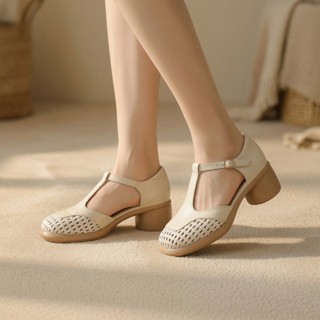 Women's Full-Grain Leather Mary Jane Pumps – Breathable Woven Toe | 5CM Block Heel Comfort Shoes