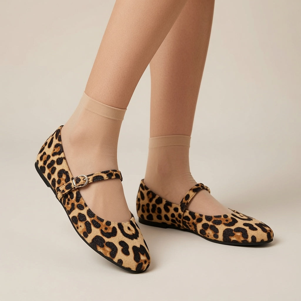 Women's Leopard-Print Mary Jane Flats with Adjustable Buckle Strap