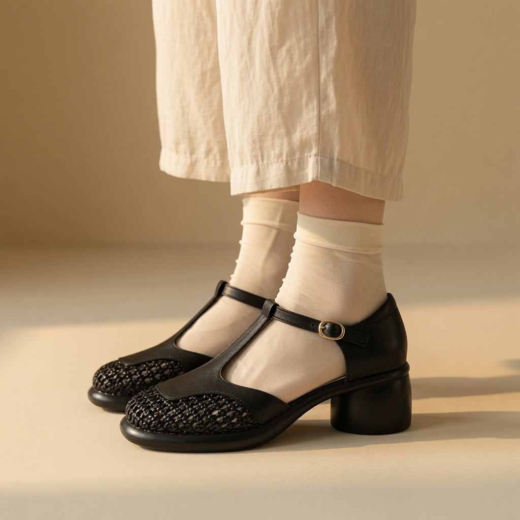 Women's Full-Grain Leather Mary Jane Pumps – Breathable Woven Toe | 5CM Block Heel Comfort Shoes