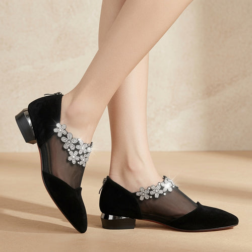 Sparkling Rhinestone Mesh Pointed Toe Flats for Women – Elegant Low Heel Dress Shoes