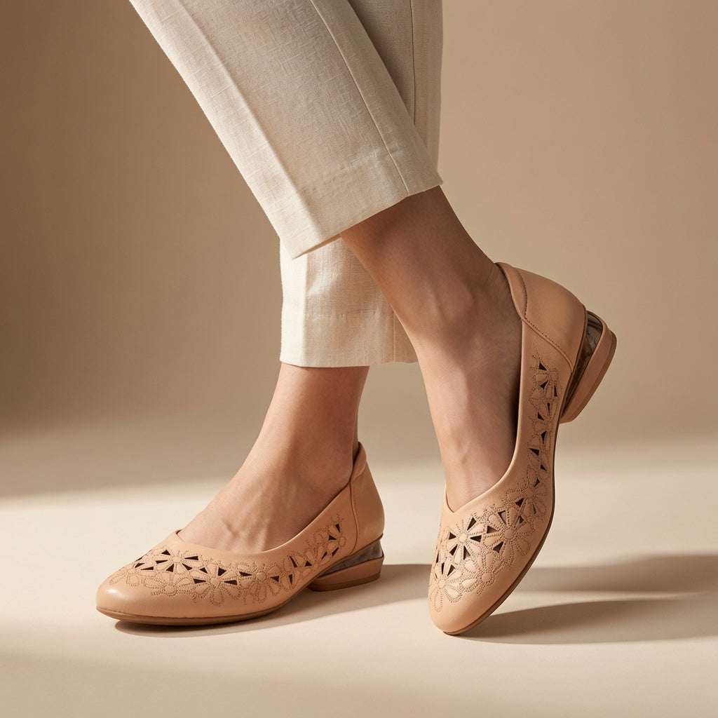 Genuine Leather Floral Cutout Low Heel Flats for Women – 2.5cm Comfort Slip-On Shoes