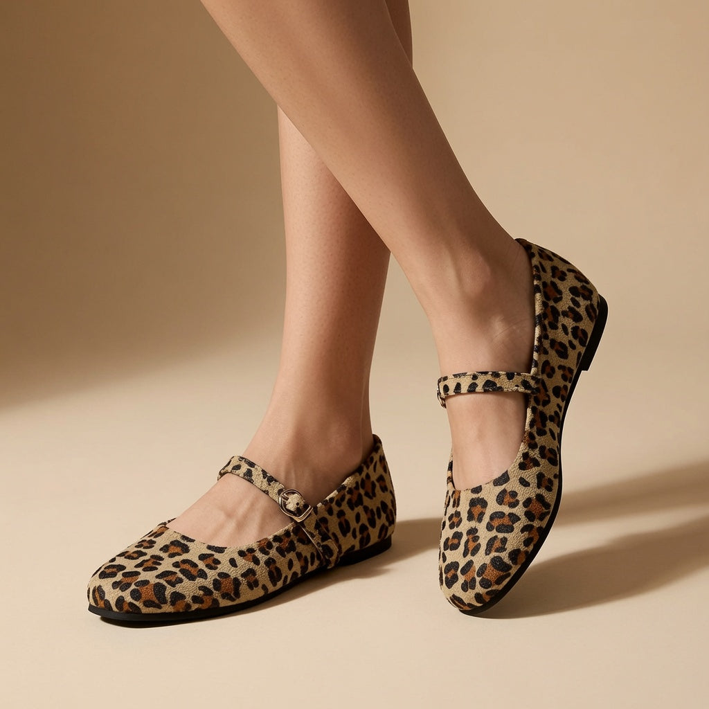 Women's Leopard-Print Mary Jane Flats with Adjustable Buckle Strap