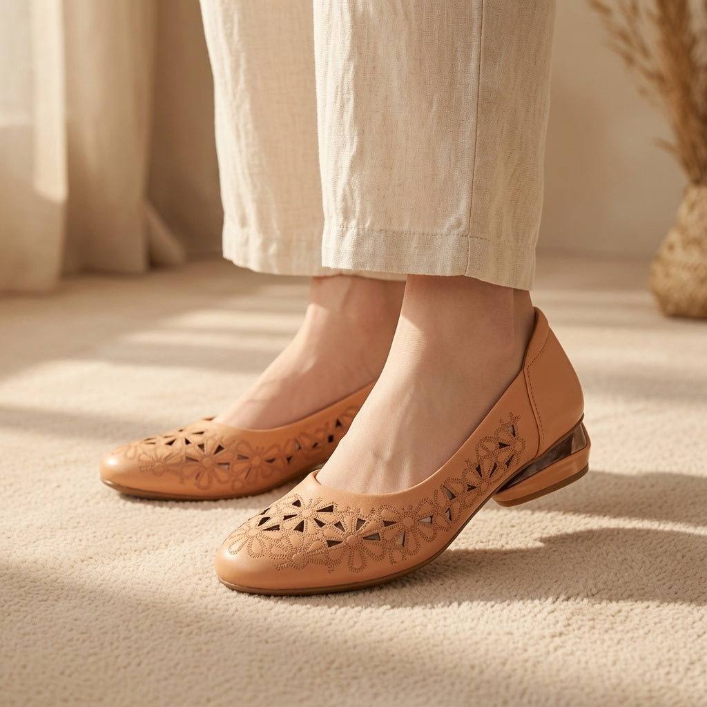 Genuine Leather Floral Cutout Low Heel Flats for Women – 2.5cm Comfort Slip-On Shoes