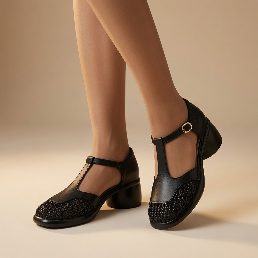 Women's Full-Grain Leather Mary Jane Pumps – Breathable Woven Toe | 5CM Block Heel Comfort Shoes
