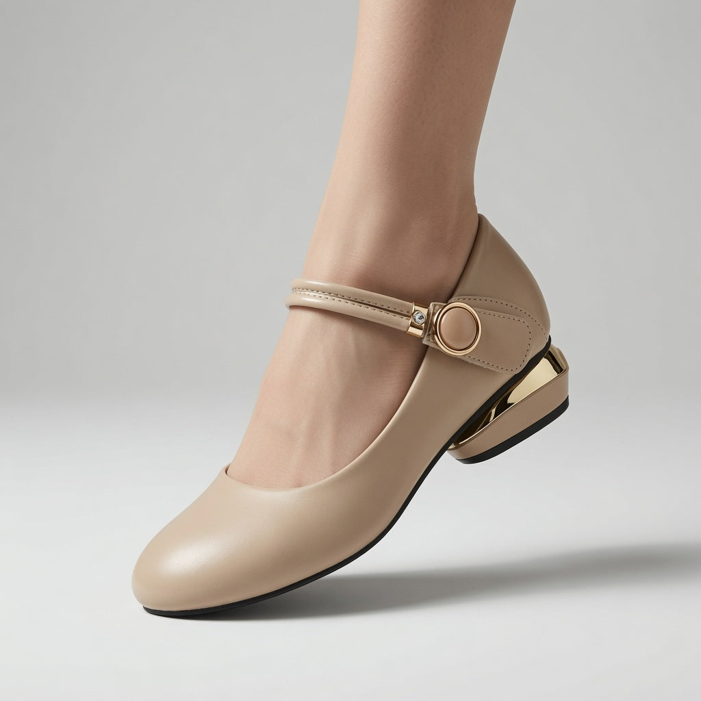 Genuine Leather Mary Jane Low Heel Pumps for Women – 2.5cm Ankle Strap Buckle Flats