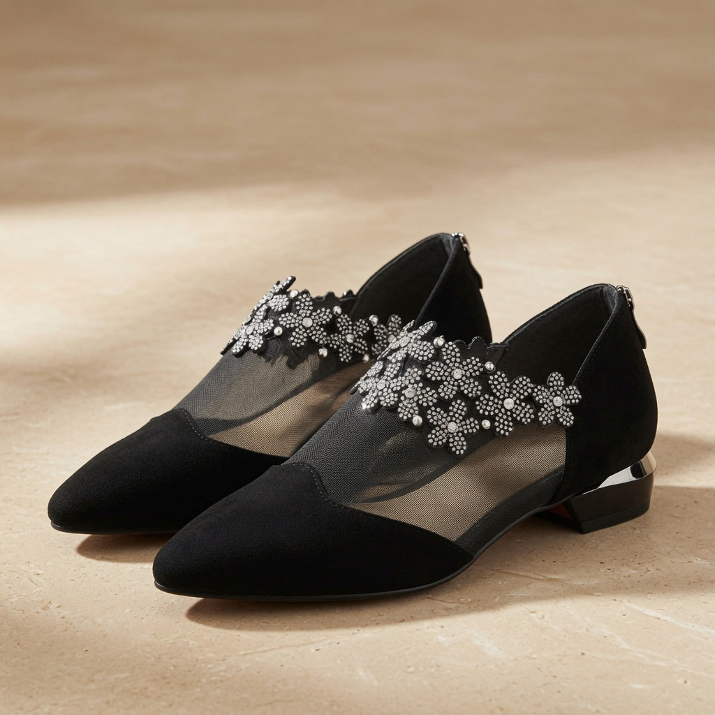 Sparkling Rhinestone Mesh Pointed Toe Flats for Women – Elegant Low Heel Dress Shoes