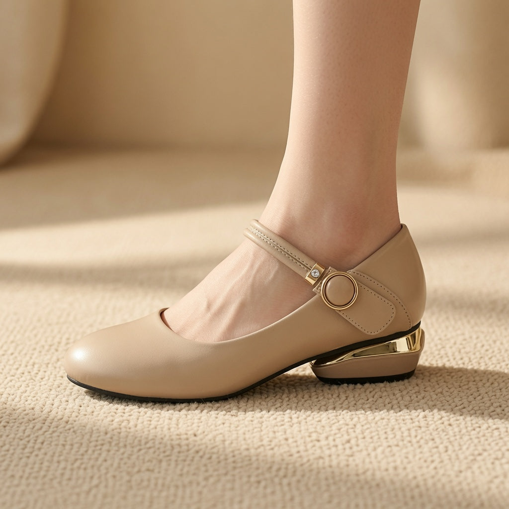 Genuine Leather Mary Jane Low Heel Pumps for Women – 2.5cm Ankle Strap Buckle Flats