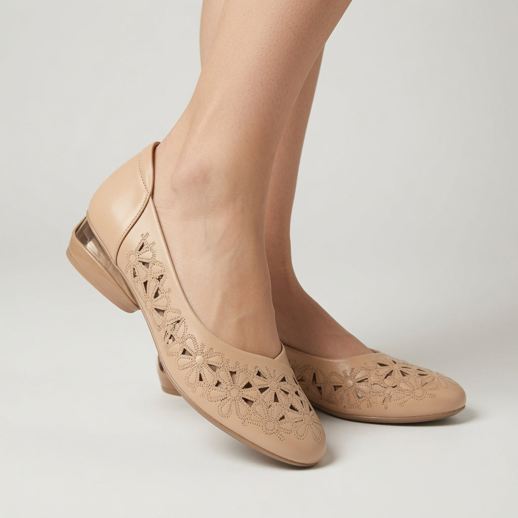 Genuine Leather Floral Cutout Low Heel Flats for Women – 2.5cm Comfort Slip-On Shoes