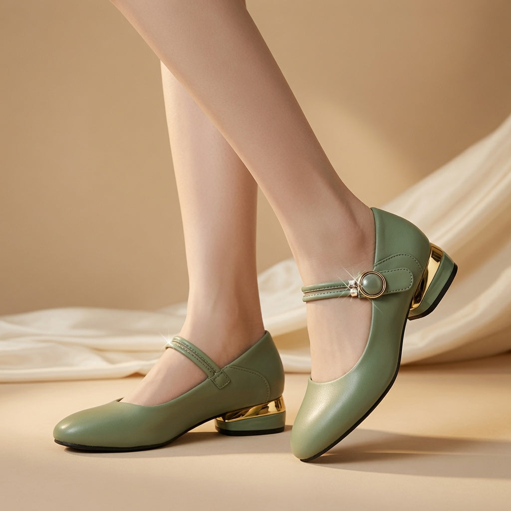 Genuine Leather Mary Jane Low Heel Pumps for Women – 2.5cm Ankle Strap Buckle Flats