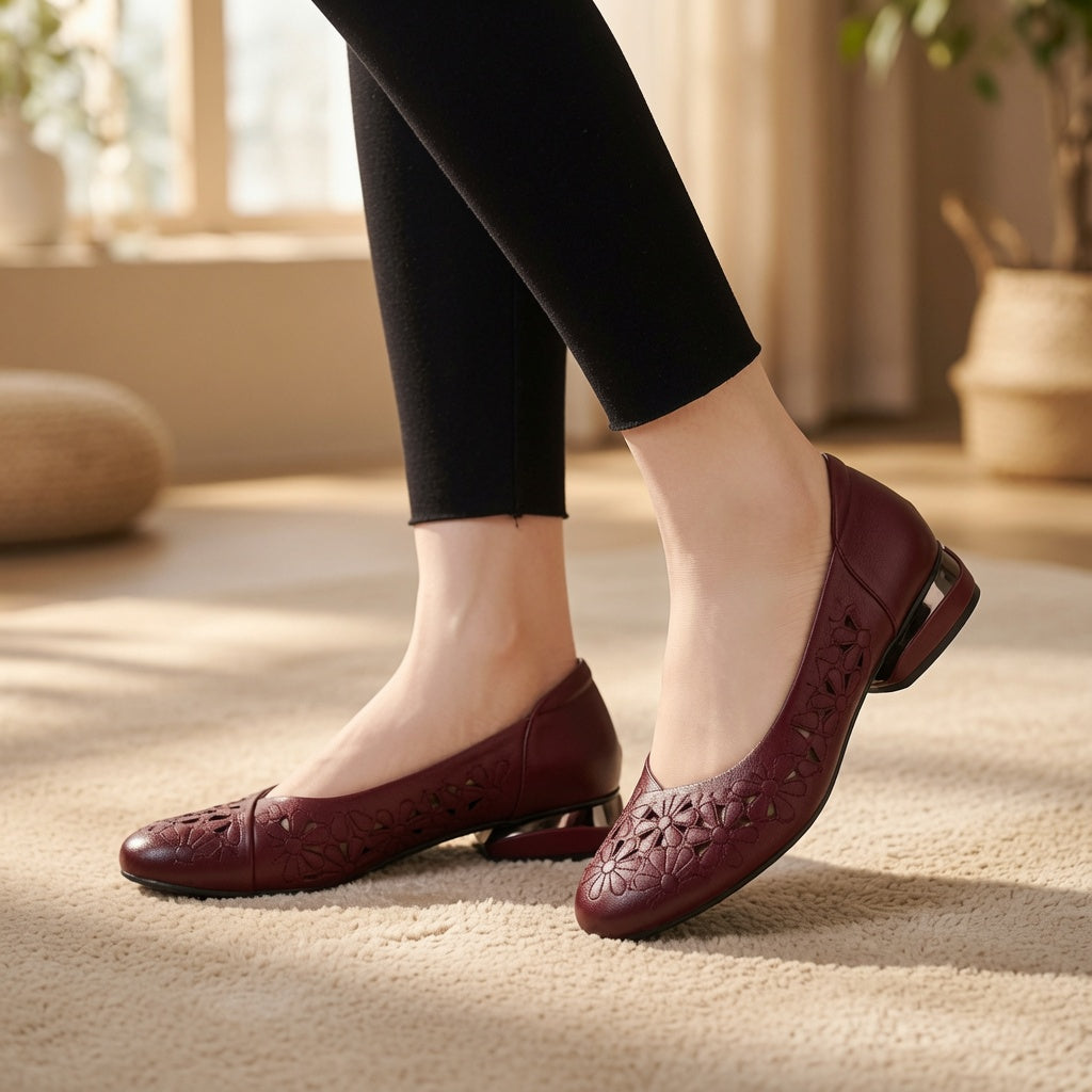 Genuine Leather Floral Cutout Low Heel Flats for Women – 2.5cm Comfort Slip-On Shoes