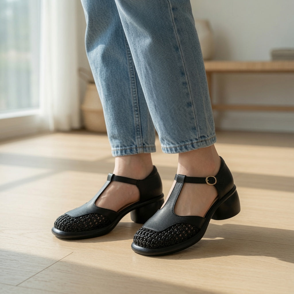 Women's Full-Grain Leather Mary Jane Pumps – Breathable Woven Toe | 5CM Block Heel Comfort Shoes