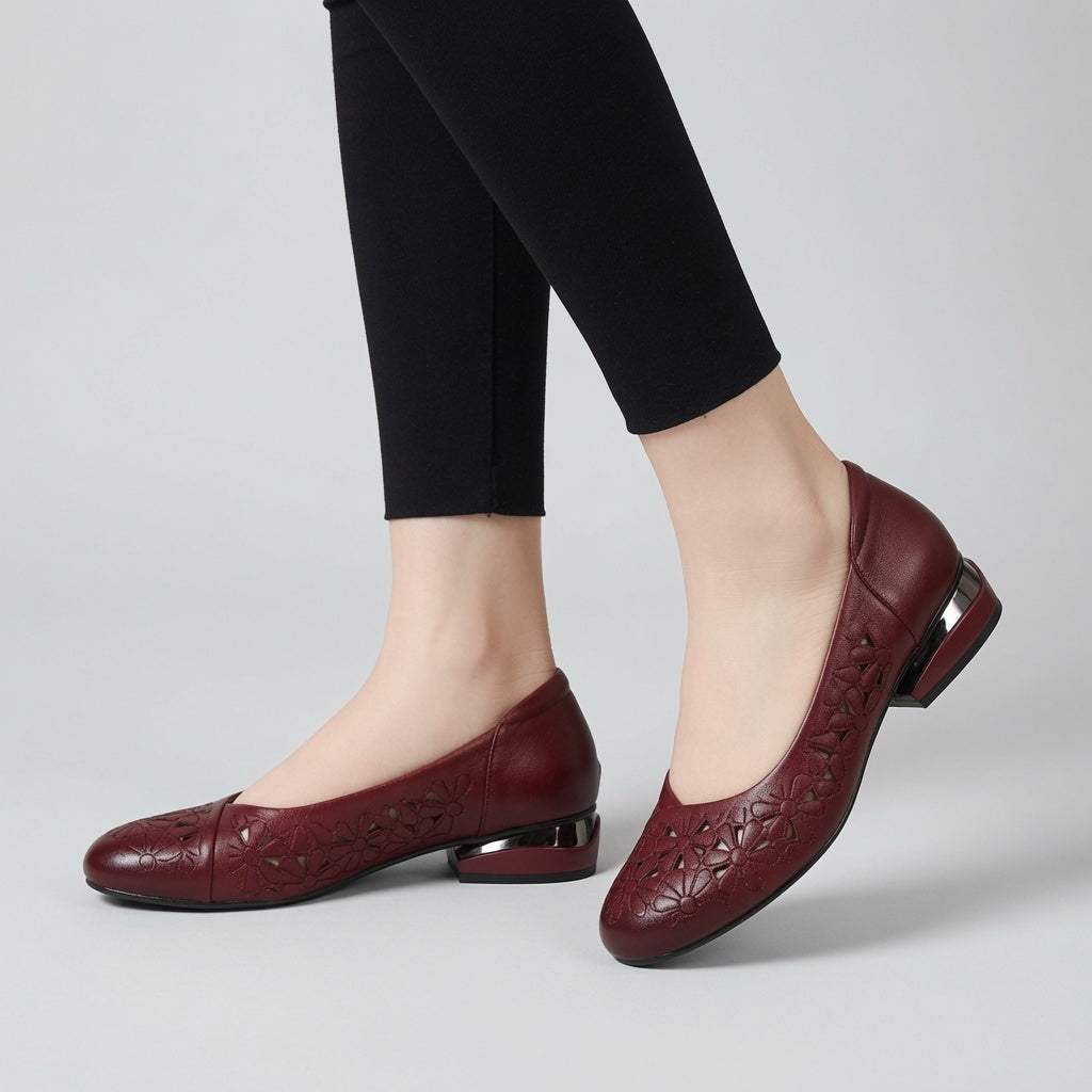 Genuine Leather Floral Cutout Low Heel Flats for Women – 2.5cm Comfort Slip-On Shoes