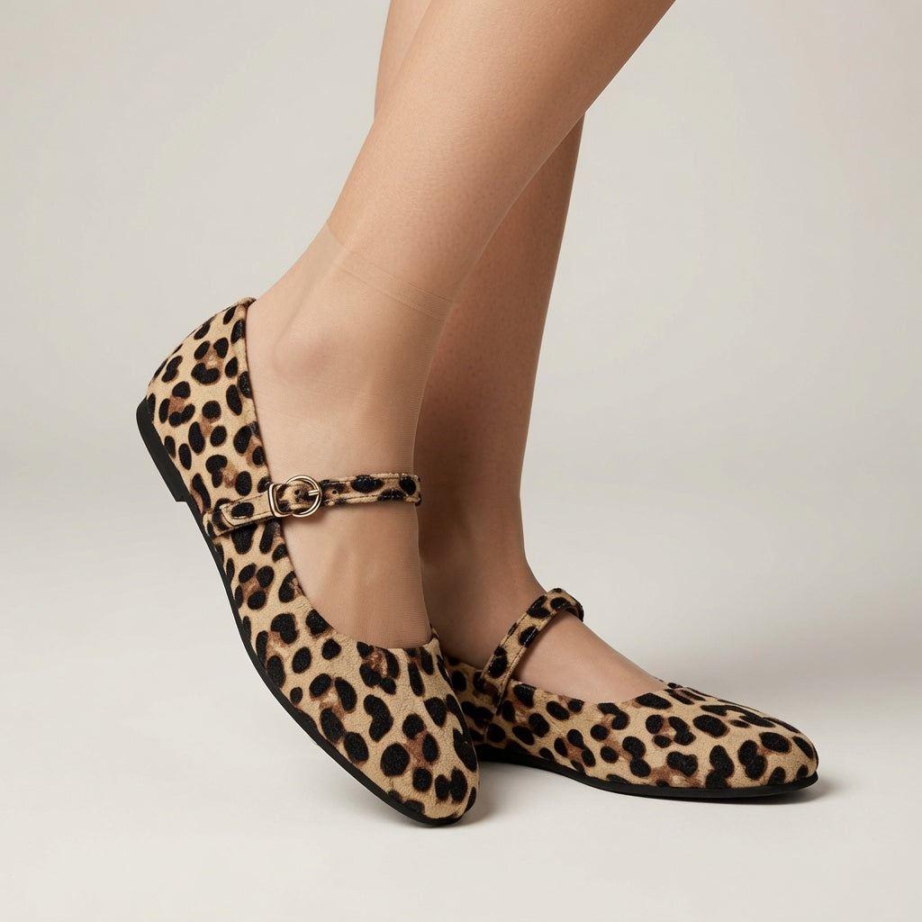 Women's Leopard-Print Mary Jane Flats with Adjustable Buckle Strap