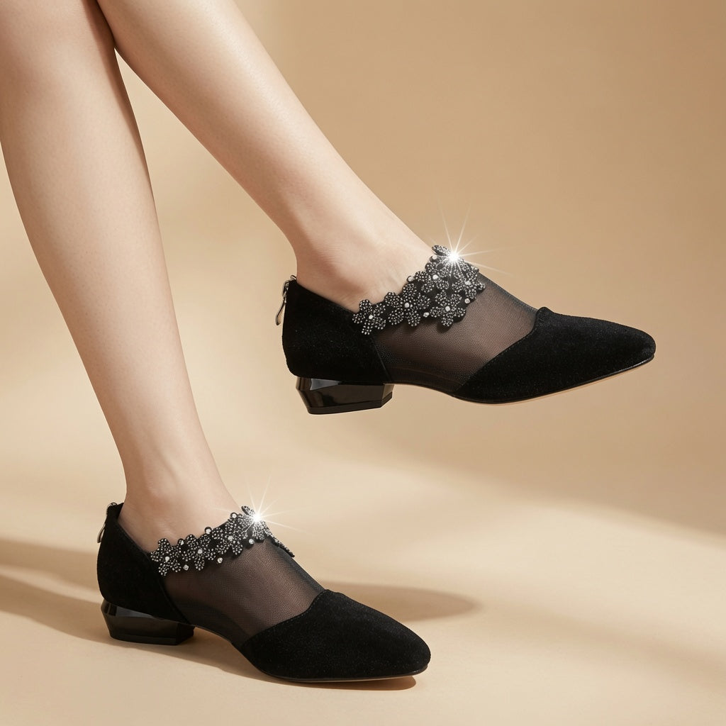 Sparkling Rhinestone Mesh Pointed Toe Flats for Women – Elegant Low Heel Dress Shoes