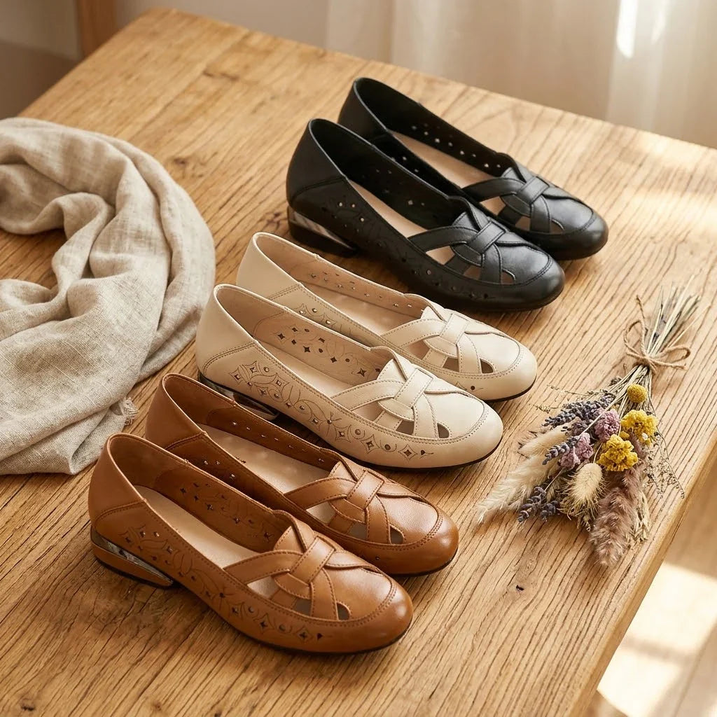 Elegant Woven Cutout Slip-On Flats for Women – Breathable Low Heel Comfort Shoes