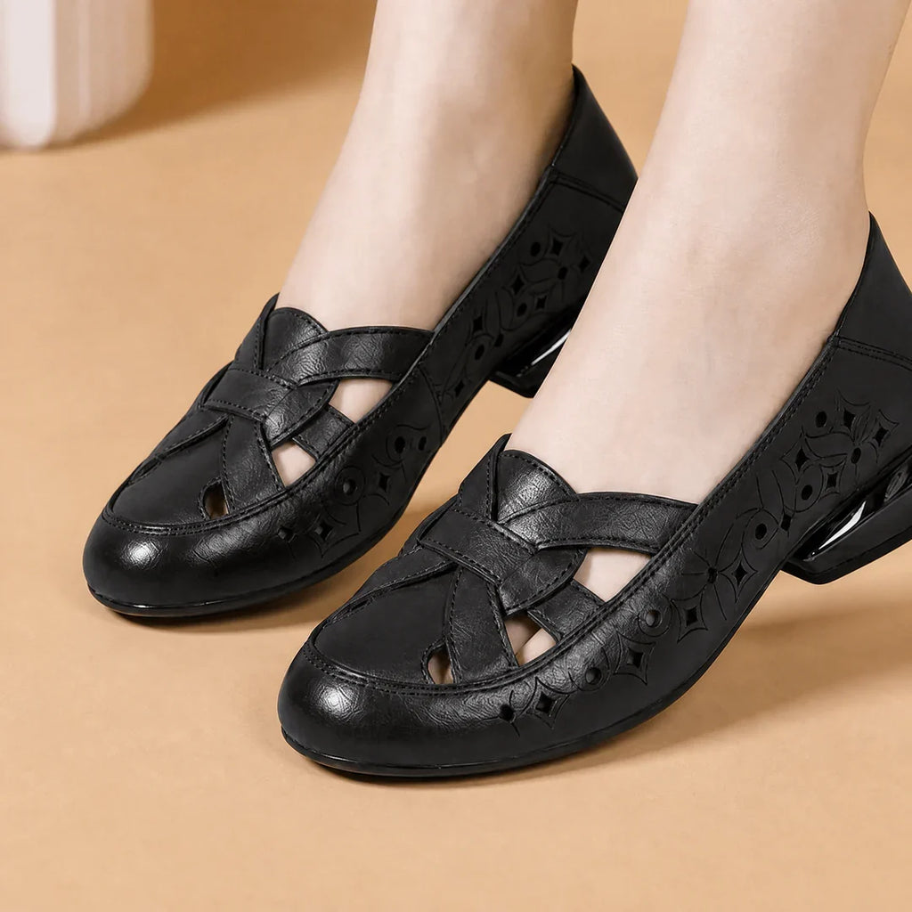 Elegant Woven Cutout Slip-On Flats for Women – Breathable Low Heel Comfort Shoes