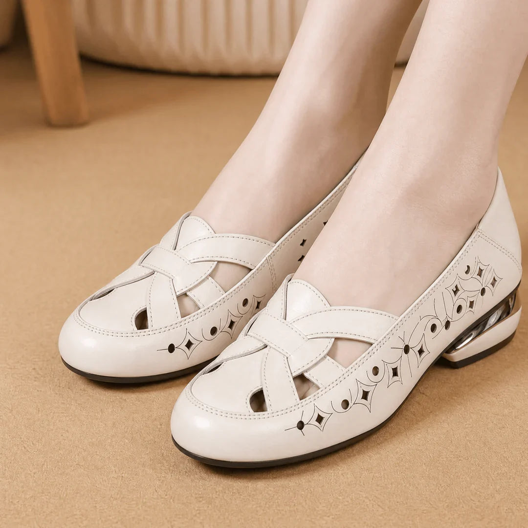 Elegant Woven Cutout Slip-On Flats for Women – Breathable Low Heel Comfort Shoes