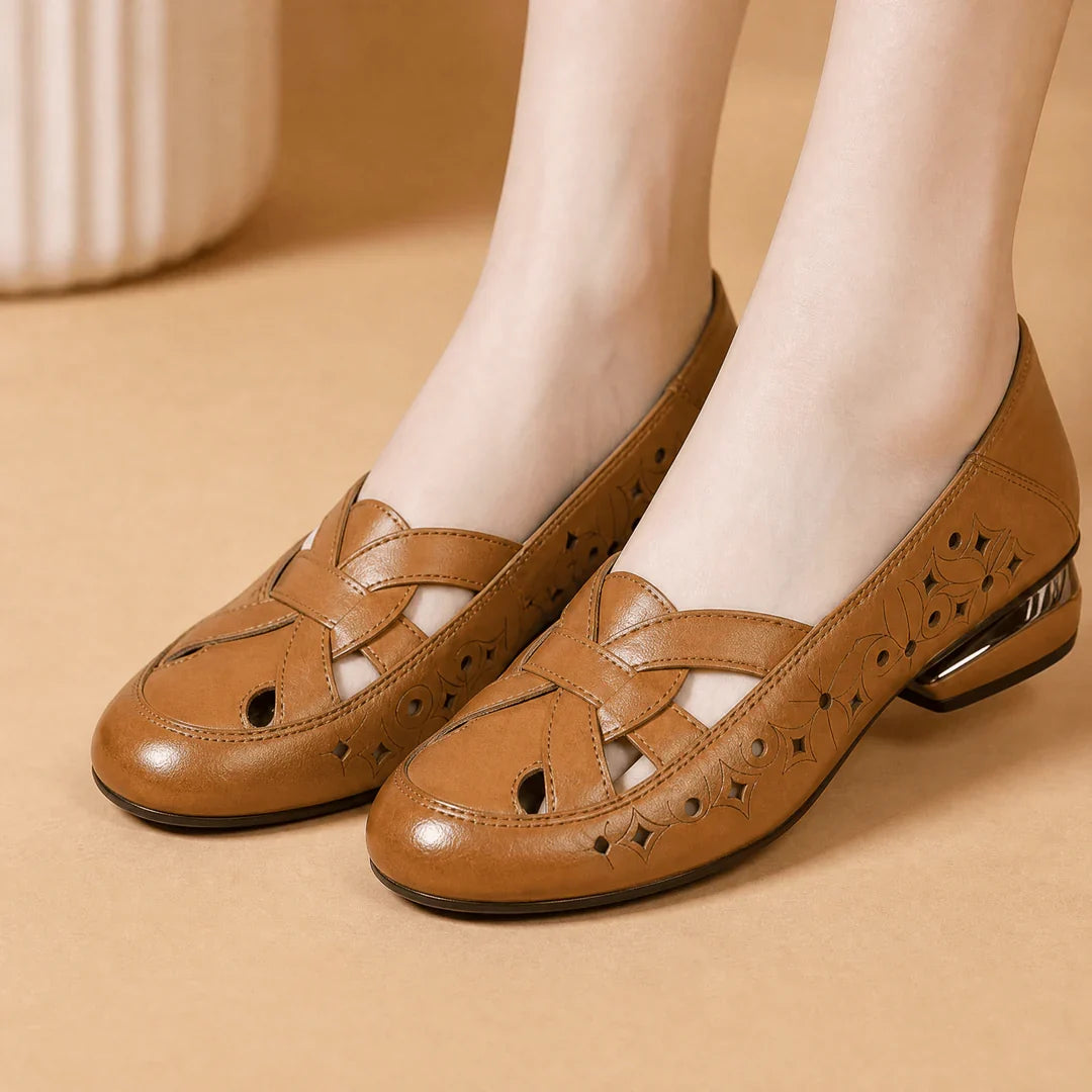Elegant Woven Cutout Slip-On Flats for Women – Breathable Low Heel Comfort Shoes